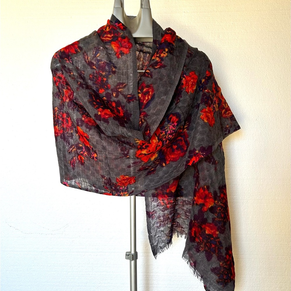 Lightweight Soft Wool Gray Red Wrap Shawl